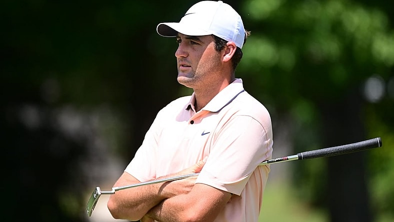 Aug 26, 2022; Atlanta, Georgia, USA; Scottie Scheffler waits on the 2nd green during the second round of the TOUR Championship golf tournament. Mandatory Credit: Adam Hagy-USA TODAY Sports