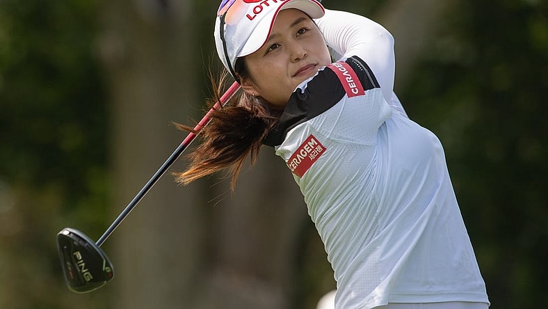 Aug 25, 2022; Ottawa, Ontario, CAN; Hye-Jin Choi of Korea tees off during the first round of the CP Women's Open golf tournament. Mandatory Credit: Marc DesRosiers-USA TODAY Sports