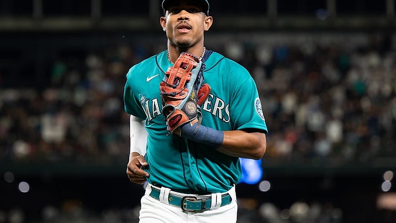 Aug 26, 2022; Seattle, Washington, USA; Seattle Mariners center fielder Julio Rodriguez (44) jogs off the field after the top of the seventh inning against the Cleveland Guardians at T-Mobile Park. Mandatory Credit: Steven Bisig-USA TODAY Sports