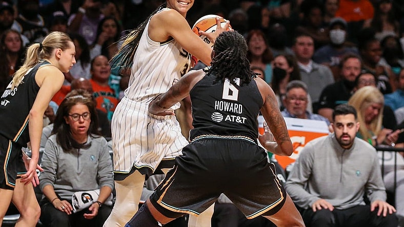 Aug 23, 2022; Brooklyn, New York, USA;  Chicago Sky forward Candace Parker (3) and New York Liberty forward Natasha Howard (6) at Barclays Center. Mandatory Credit: Wendell Cruz-USA TODAY Sports