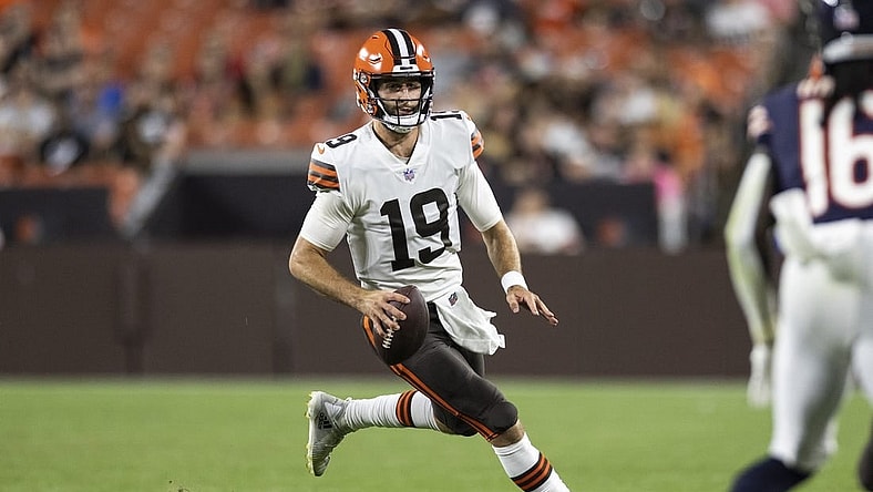 Aug 27, 2022; Cleveland, Ohio, USA; Cleveland Browns quarterback Josh Rosen (19) runs the ball against the Chicago Bears during the fourth quarter at FirstEnergy Stadium. Mandatory Credit: Scott Galvin-USA TODAY Sports