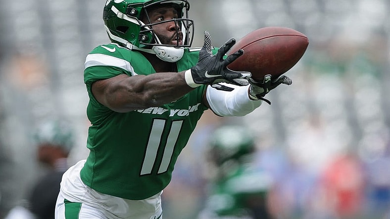 Aug 28, 2022; East Rutherford, New Jersey, USA; New York Jets wide receiver Denzel Mims (11) catches the ball before the game against the New York Giants at MetLife Stadium. Mandatory Credit: Vincent Carchietta-USA TODAY Sports
