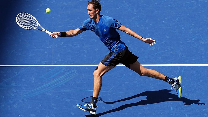 Aug 29, 2022; Flushing, NY, USA; Daniil Medvedev hits to Stefan Kozlov of the United States on day one of the 2022 U.S. Open tennis tournament at USTA Billie Jean King National Tennis Center. Mandatory Credit: Danielle Parhizkaran-USA TODAY Sports