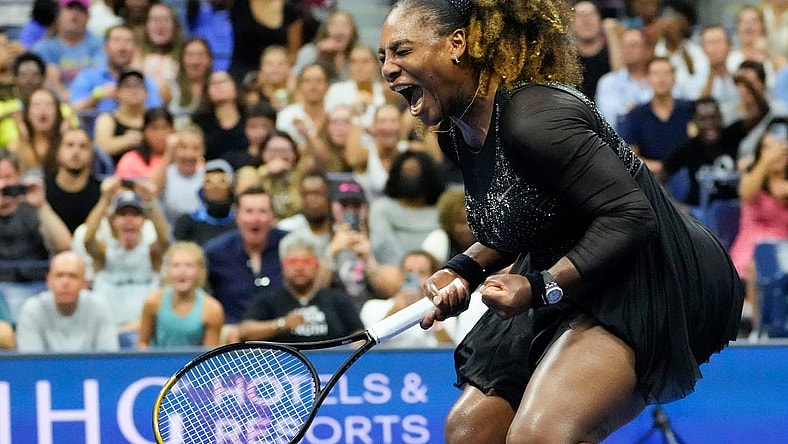 Aug 29, 2022; Flushing, NY, USA;  Serena Williams of the USA reacts after winning the first set against Danka Kovinic of Montenegro on day one of the 2022 U.S. Open Tennis Tournament at the Billie Jean King National Tennis Center. Mandatory Credit: Robert Deutsch-USA TODAY Sports