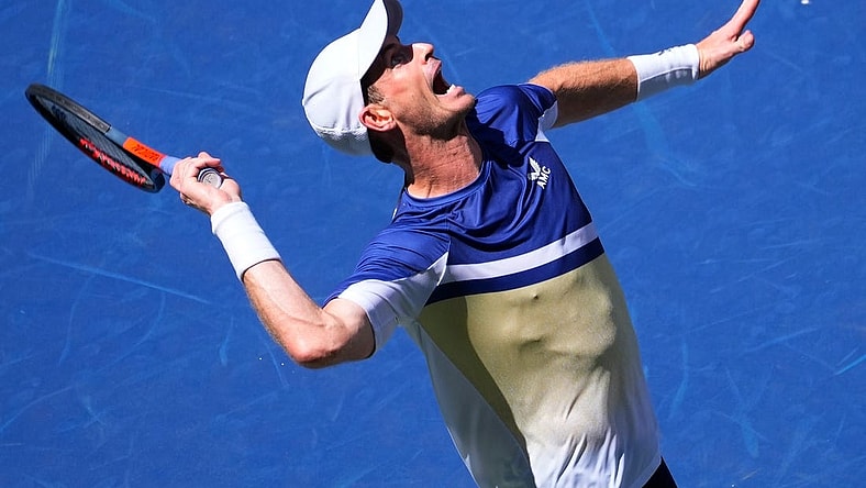 Aug 31, 2022; Flushing, NY, USA;  Andy Murray of Great Britain hits to Emelio Nava of the USA on day three of the 2022 U.S. Open tennis tournament at USTA Billie Jean King National Tennis Center. Mandatory Credit: Robert Deutsch-USA TODAY Sports