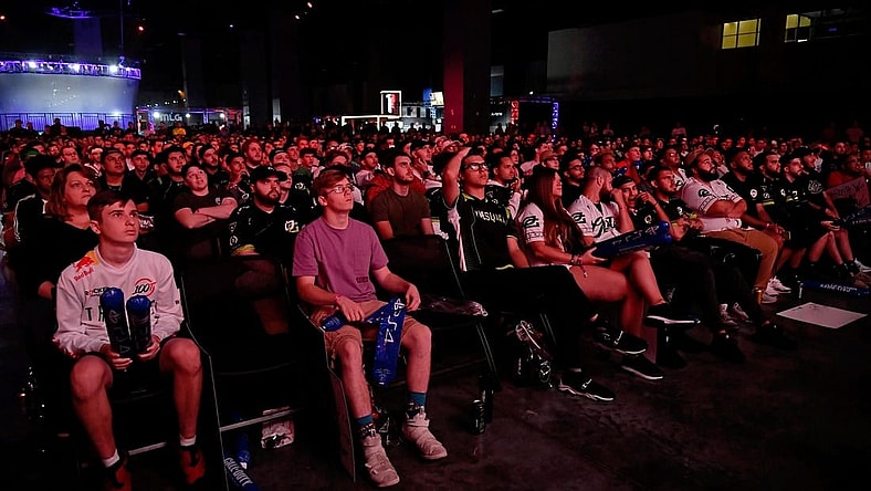 Jul 20, 2019; Miami Beach, FL, USA; Fans in attendance watch the game play between Faze Clan and 100 Thieves during the Call of Duty League Finals e-sports event at Miami Beach Convention Center. Mandatory Credit: Jasen Vinlove-USA TODAY Sports