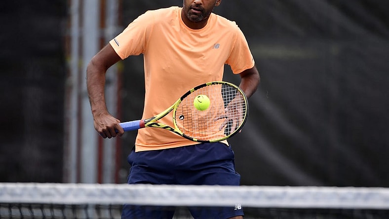 Aug 3, 2019; Montreal, Quebec, Canada; Rajeev Ram of the United States practices during the Rogers Cup tennis tournament at Stade IGA. Mandatory Credit: Eric Bolte-USA TODAY Sports