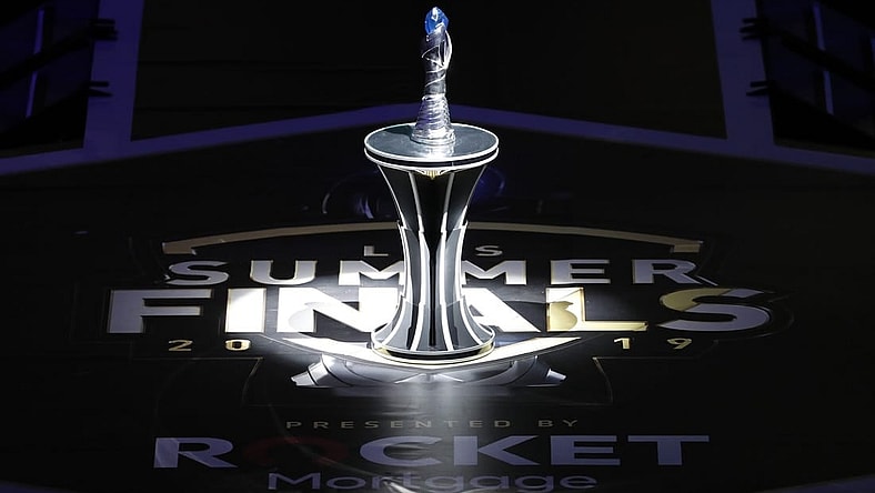 Aug 25, 2019; Detroit, MI, USA; The LCS trophy awaits the winner during the LCS Summer Finals event between Team Liquid and Cloud9 at Little Caesars Arena. Mandatory Credit: Raj Mehta-USA TODAY Sports