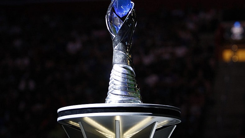Aug 25, 2019; Detroit, MI, USA; The LCS trophy awaits the winner during the LCS Summer Finals event between Team Liquid and Cloud9 at Little Caesars Arena. Mandatory Credit: Raj Mehta-USA TODAY Sports