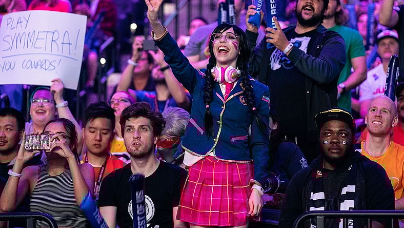 Sep 29, 2019; Philadelphia, PA, USA; Fans react during the Overwatch League Grand Finals e-sports event between the Vancouver Titans and San Francisco Shock at Wells Fargo Center. Mandatory Credit: Bill Streicher-USA TODAY Sports