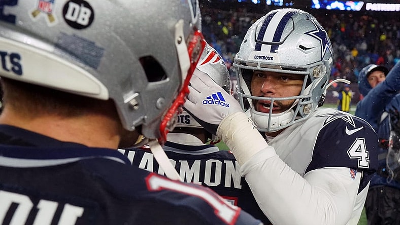 Nov 24, 2019; Foxborough, MA, USA; Dallas Cowboys quarterback Dak Prescott (4) greets New England Patriots quarterback Tom Brady (12) after the game at Gillette Stadium. Patriots defeated the Cowboys 13-9. Mandatory Credit: David Butler II-USA TODAY Sports
