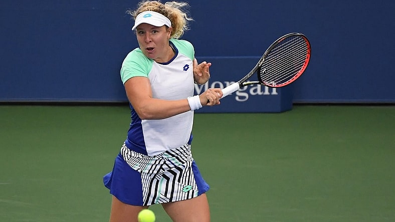 Sep 2, 2020; Flushing Meadows, New York, USA; Anna-Lena Friedsam of Germany hits a forehand against Angelique Kerber of Germany (not pictured) on day three of the 2020 U.S. Open tennis tournament at USTA Billie Jean King National Tennis Center. Mandatory Credit: Danielle Parhizkaran-USA TODAY Sports