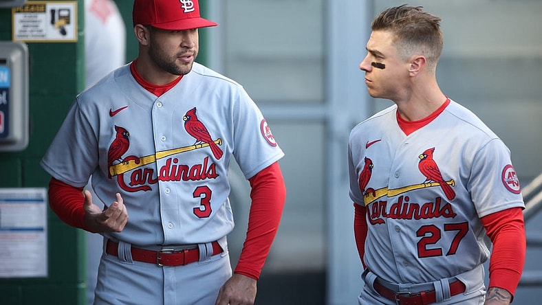 Apr 30, 2021; Pittsburgh, Pennsylvania, USA; St. Louis Cardinals right fielder Dylan Carlson (3) and left fielder Tyler O'Neill (27) talk in the dugout before playing the Pittsburgh Pirates at PNC Park. Mandatory Credit: Charles LeClaire-USA TODAY Sports