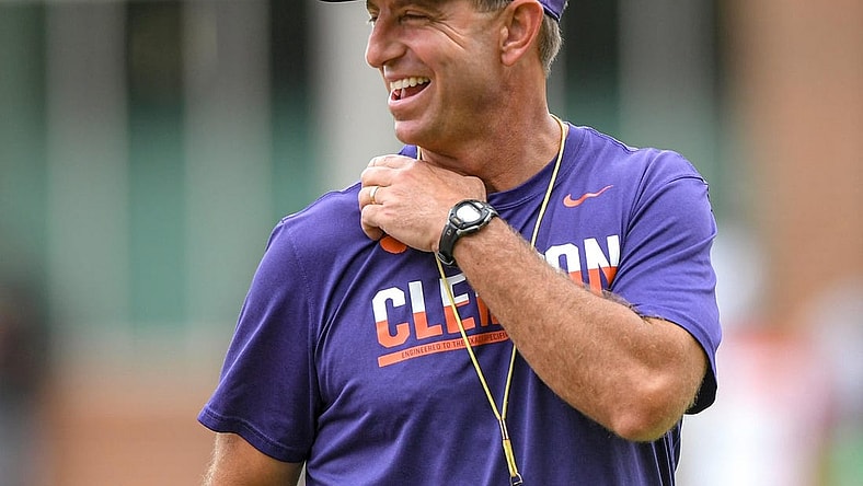 Clemson head coach Dabo Swinney smiles during his summer football camp in Clemson Wednesday, June 2, 2021.

Dabo Swinney Football Camp 2021 Day One