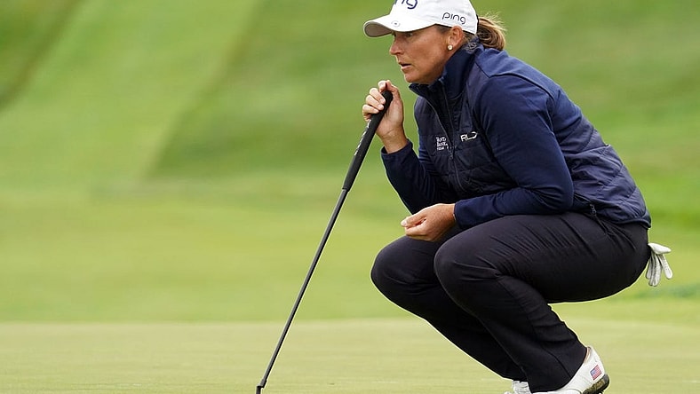 Jun 3, 2021; San Francisco, California, USA; Angela Stanford looks over her putt on the third green during the first round of the U.S. Women's Open golf tournament at The Olympic Club. Mandatory Credit: Kyle Terada-USA TODAY Sports