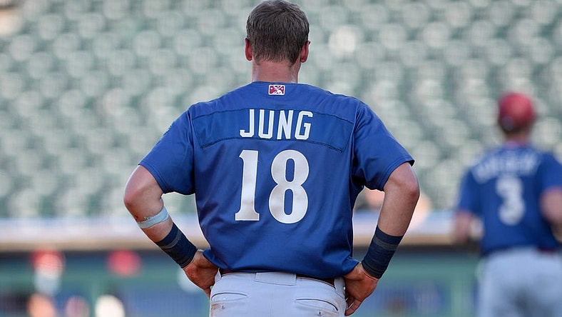 Frisco Rough Riders' Josh Jung stands on third base, Wednesday, June 16, 2021, at Whataburger Field. Rough Riders won, 8-4.