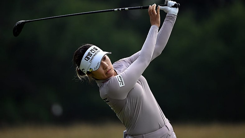 Jun 25, 2021; John's Creek, Georgia, USA; Jeongeun Lee6 plays her shot from the sixth tee during the second round of the KPMG Women's PGA Championship golf tournament at the Atlanta Athletic Club. Mandatory Credit: Adam Hagy-USA TODAY Sports