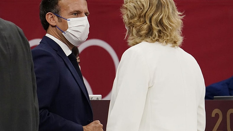 Jul 25, 2021; Tokyo, Japan; France president Emmanuel Macron in attendance at the first day of judo competition during the Tokyo 2020 Olympic Summer Games at Nippon Budokan. Mandatory Credit: Mandi Wright-USA TODAY Network
