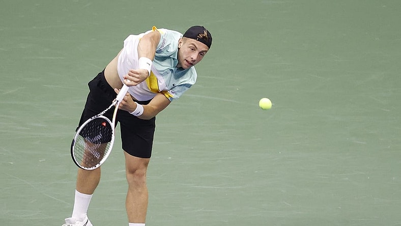 Sep 2, 2021; Flushing, NY, USA;  Tallon Griekspoor of Netherlands serves against Novak Djokovic of Serbia in a second round match on day four of the 2021 U.S. Open tennis tournament at USTA Billie Jean King National Tennis Center. Mandatory Credit: Jerry Lai-USA TODAY Sports