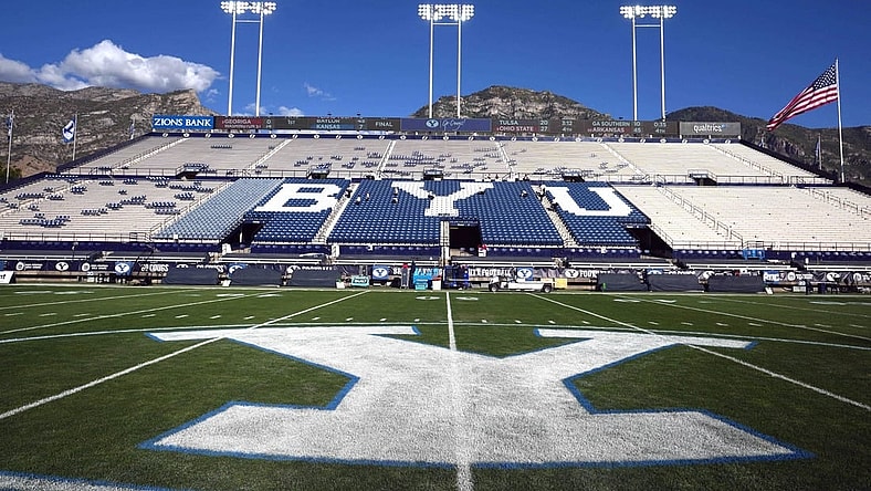 Sep 18, 2021; Provo, Utah, USA; A general overall view of the BYU Cougars Y logo at LaVell Edwards Stadium. Mandatory Credit: Kirby Lee-USA TODAY Sports