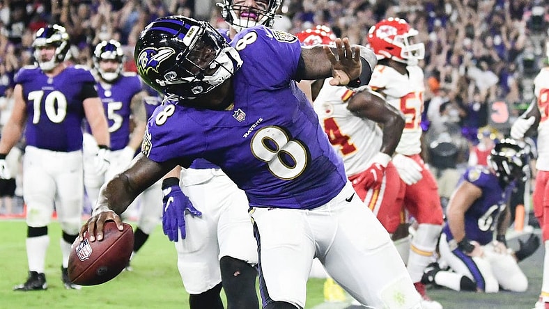 Sep 19, 2021; Baltimore, Maryland, USA;  Baltimore Ravens quarterback Lamar Jackson (8) celebrates scoring a fourth quarter touchdown  against the Kansas City Chiefs at M&T Bank Stadium. Mandatory Credit: Tommy Gilligan-USA TODAY Sports