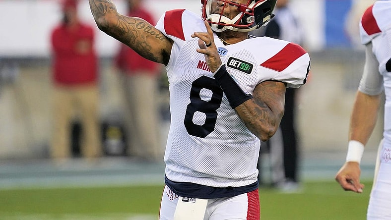 Sep 24, 2021; Toronto, Ontario, Canada; Montreal Alouettes quarterback Vernon Adams Jr. (8) goes to throw a pass during warm up against the Toronto Argonauts at BMO Field. Mandatory Credit: John E. Sokolowski-USA TODAY Sports