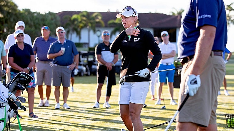 Annika Sorenstam talks technique during a charity golf clinic presented by Jack Nicklaus, Sorenstam and Ernie Els at PGA National in Palm Beach Gardens Monday, October 4, 2021.