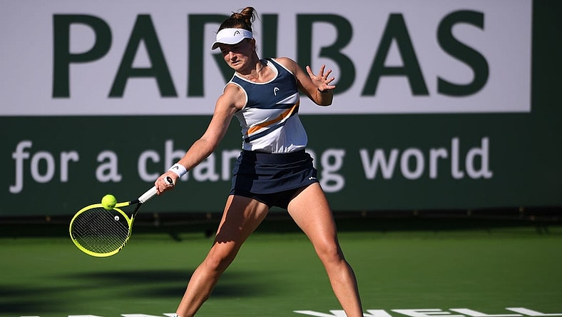 Oct 9, 2021; Indian Wells, CA, USA; Barbora Krejcikova (CZE) hits a shot against Zarina Diyas (KAZ) at Indian Wells Tennis Garden. Mandatory Credit: Orlando Ramirez-USA TODAY Sports