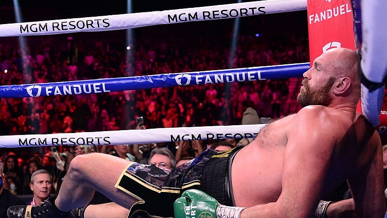 Tyson Fury (black/gold trunks) pictured in 2021 during a WBC/Lineal heavyweight championship boxing match at T-Mobile Arena with Deontay Wilder. Mandatory Credit: Joe Camporeale-USA TODAY Sports