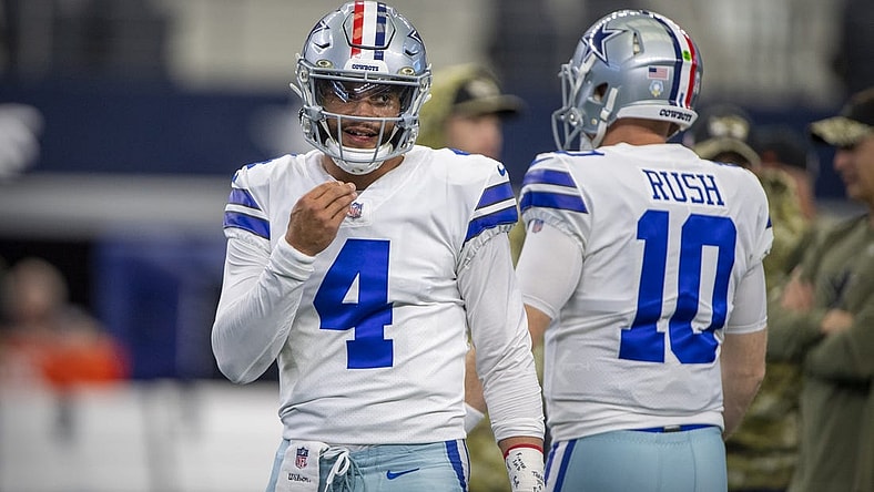 Dallas Cowboys quarterback Cooper Rush (10) and quarterback Dak Prescott (4) before the game between the Dallas Cowboys and the Denver Broncos at AT&T Stadium. Mandatory Credit: Jerome Miron-USA TODAY Sports