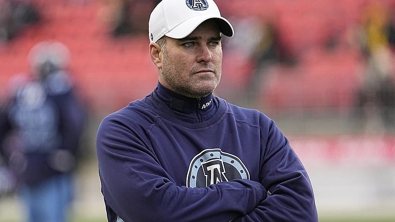 Dec 5, 2021; Toronto, Ontario, CAN; Toronto Argonauts head coach Ryan Dinwiddie during warm up of the Canadian Football League Eastern Conference Final game against the Hamilton Tiger-Cats at BMO Field. Mandatory Credit: John E. Sokolowski-USA TODAY Sports