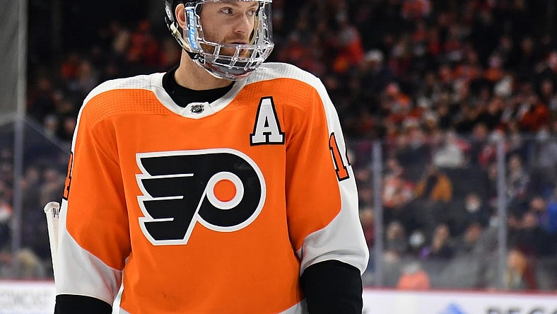 Dec 6, 2021; Philadelphia, Pennsylvania, USA; Philadelphia Flyers center Sean Couturier (14) against the Colorado Avalanche at Wells Fargo Center. Mandatory Credit: Eric Hartline-USA TODAY Sports