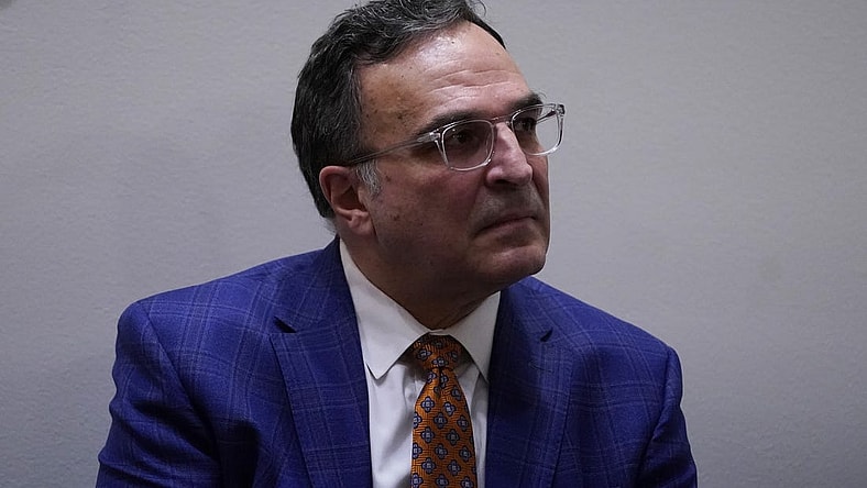 Jan 31, 2022; Lake Forest, IL, USA; Chicago Bears President Ted Phillips watches Chicago Bears-Head Coach Matt Eberflus (not pictured) speaks during a Press Conference Mandatory Credit: David Banks-USA TODAY Sports