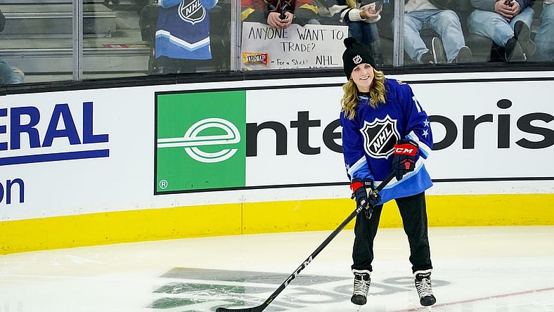 Feb 4, 2022; Las Vegas, Nevada, USA; Former American hockey player Jocelyne Lamoureux-Davidson is seen during the 2022 NHL All-Star Game Skills Competition at T-Mobile Arena. Mandatory Credit: Lucas Peltier-USA TODAY Sports