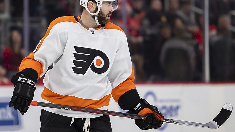 Feb 12, 2022; Detroit, Michigan, USA; Philadelphia Flyers defenseman Keith Yandle (3) looks on during the second period against the Detroit Red Wings at Little Caesars Arena. Mandatory Credit: Raj Mehta-USA TODAY Sports
