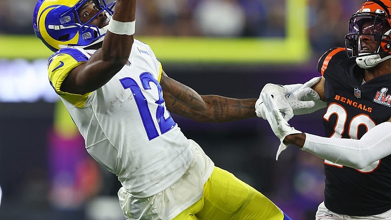 Feb 13, 2022; Inglewood, CA, USA; Los Angeles Rams wide receiver Van Jefferson (12) cannot catch a pass against Cincinnati Bengals cornerback Eli Apple (20) in the fourth quarter of Super Bowl LVI at SoFi Stadium. Mandatory Credit: Mark J. Rebilas-USA TODAY Sports