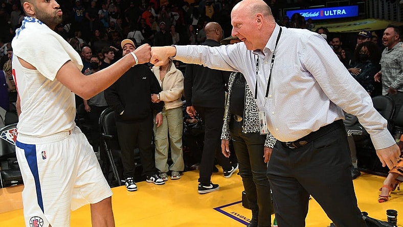 Feb 25, 2022; Los Angeles, California, USA;  Los Angeles Clippers owner Steve Ballmer gives a fist pump to forward Nicolas Batum (33) after defeating the Los Angeles Lakers at Crypto.com Arena. Mandatory Credit: Jayne Kamin-Oncea-USA TODAY Sports