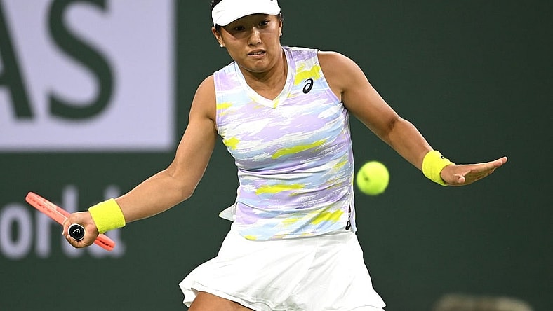 Mar 11, 2022; Indian Wells, CA, USA; Claire Liu (USA) hits a shot against Coco Gauff (not pictured) in her 2nd round match at the BNP Paribas Open at the Indian Wells Tennis Garden. Mandatory Credit: Jayne Kamin-Oncea-USA TODAY Sports