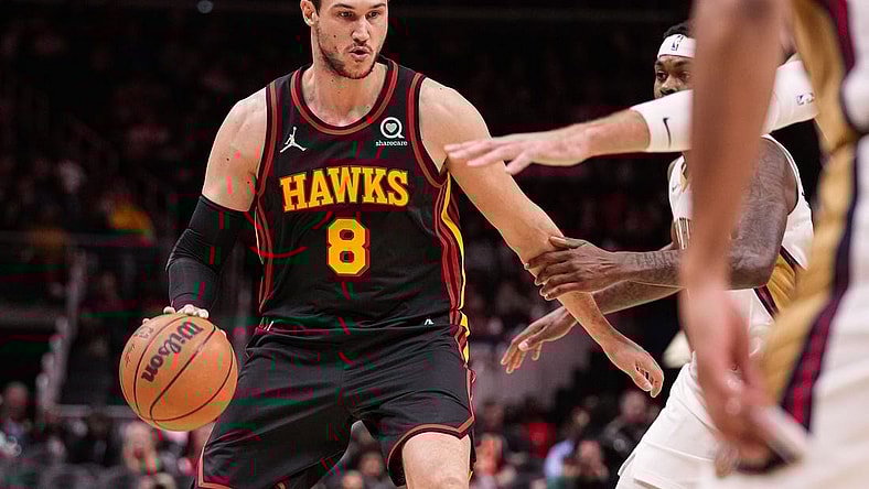Mar 20, 2022; Atlanta, Georgia, USA; Atlanta Hawks forward Danilo Gallinari (8) controls the ball against the New Orleans Pelicans during the first half at State Farm Arena. Mandatory Credit: Dale Zanine-USA TODAY Sports