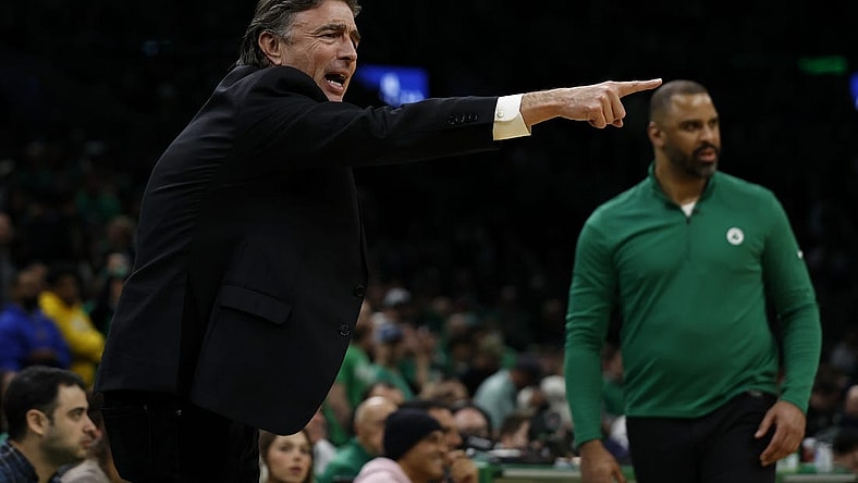 Apr 20, 2022; Boston, Massachusetts, USA; Governor and principle owner of the Boston Celtics Wyc Grousbeck points as head coach Imo Udoka looks on during the third quarter of game two of the first round of the 2022 NBA playoffs against the Brooklyn Nets at TD Garden. Mandatory Credit: Winslow Townson-USA TODAY Sports