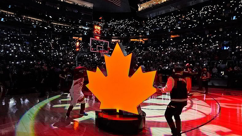Apr 20, 2022; Toronto, Ontario, CAN; A view of the Toronto Raptors fans Light Up the North routine during player introductions of game three of the first round for the 2022 NBA playoffs against the Philadelphia 76ers at Scotiabank Arena. Mandatory Credit: John E. Sokolowski-USA TODAY Sports