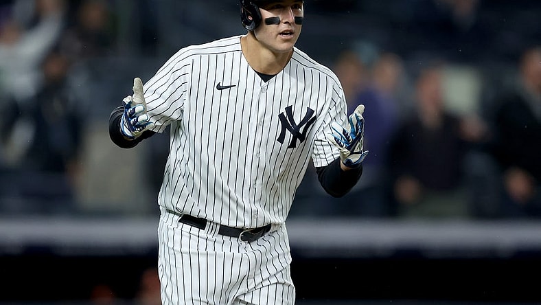 Apr 26, 2022; Bronx, New York, USA; New York Yankees first baseman Anthony Rizzo (48) reacts after hitting a solo home run against the Baltimore Orioles during the eighth inning at Yankee Stadium. The home run was his third of the game. Mandatory Credit: Brad Penner-USA TODAY Sports