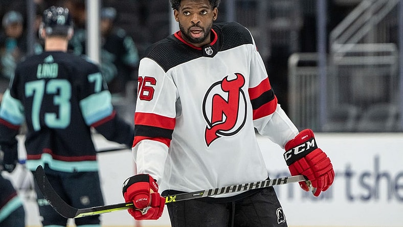 Apr 16, 2022; Seattle, Washington, USA; New Jersey Devils defenseman P.K. Subban (76) is pictured before game against the Seattle Kraken at Climate Pledge Arena. Mandatory Credit: Stephen Brashear-USA TODAY Sports