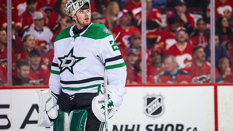 May 15, 2022; Calgary, Alberta, CAN; Dallas Stars goaltender Jake Oettinger (29) looks on during the second period against the Calgary Flames in game seven of the first round of the 2022 Stanley Cup Playoffs at Scotiabank Saddledome. Mandatory Credit: Sergei Belski-USA TODAY Sports