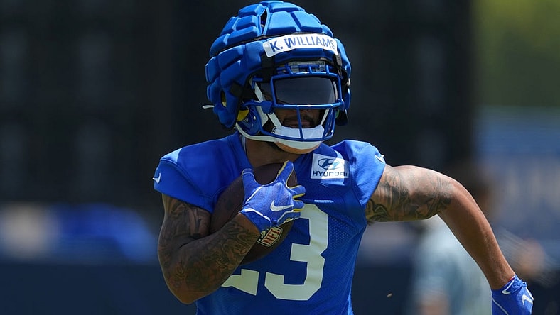 Jun 3, 2022; Thousand Oaks, CA, USA; Los Angeles Rams running back Kyren Williams (23) carries the ball during organized team activities at California Lutheran University. Mandatory Credit: Kirby Lee-USA TODAY Sports