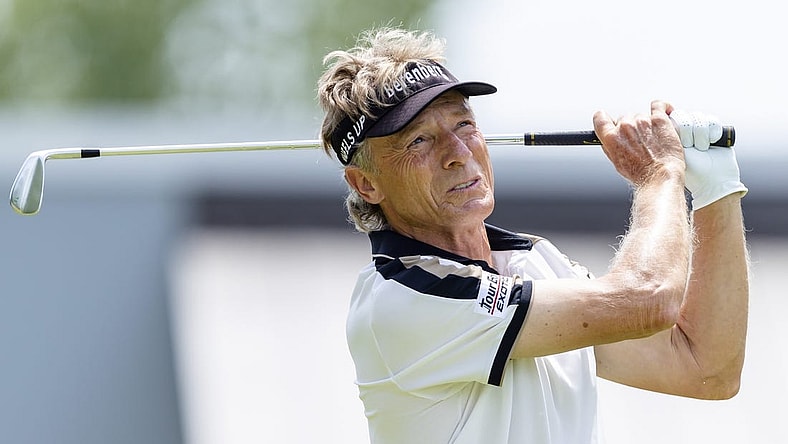 May 29, 2022; Benton Harbor, Michigan, USA; Bernhard Langer tees off on the second hole during the final round of the 2022 KitchenAid Senior PGA Championship at Harbor Shores. Mandatory Credit: Raj Mehta-USA TODAY Sports