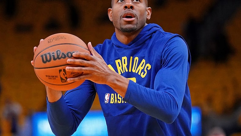 Jun 2, 2022; San Francisco, California, USA; Golden State Warriors forward Andre Iguodala (9) warms up before game one of the 2022 NBA Finals against the Boston Celtics at Chase Center. Mandatory Credit: Cary Edmondson-USA TODAY Sports