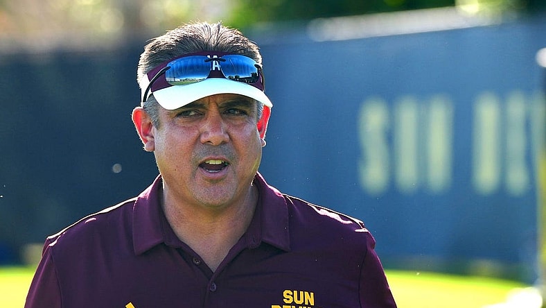 June 2, 2022; Tempe, Arizona; USA; ASU assistant coach Shaun Aguano watches teams compete during a 7-on 7 tournament, an ASU High School Football Showcase.

High School Football Asu High School Football Showcase