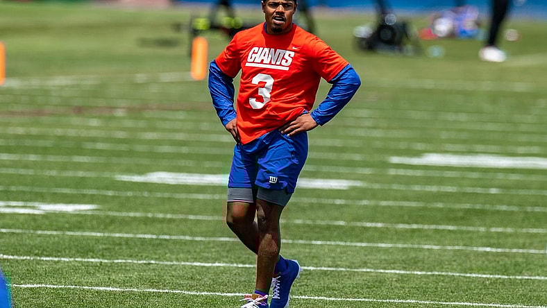Jun 7, 2022; East Rutherford, New Jersey, USA;  New York Giants wide receiver Sterling Shepard (3) looks on during a drill during minicamp at MetLife Stadium. Mandatory Credit: John Jones-USA TODAY Sports