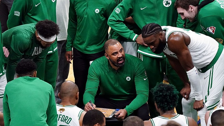 Jun 10, 2022; Boston, Massachusetts, USA; Boston Celtics head coach Ime Udoka talks with his team during a timeout  in the second quarter of game four in the 2022 NBA Finals against the Golden State Warriors at the TD Garden. Mandatory Credit: David Butler II-USA TODAY Sports